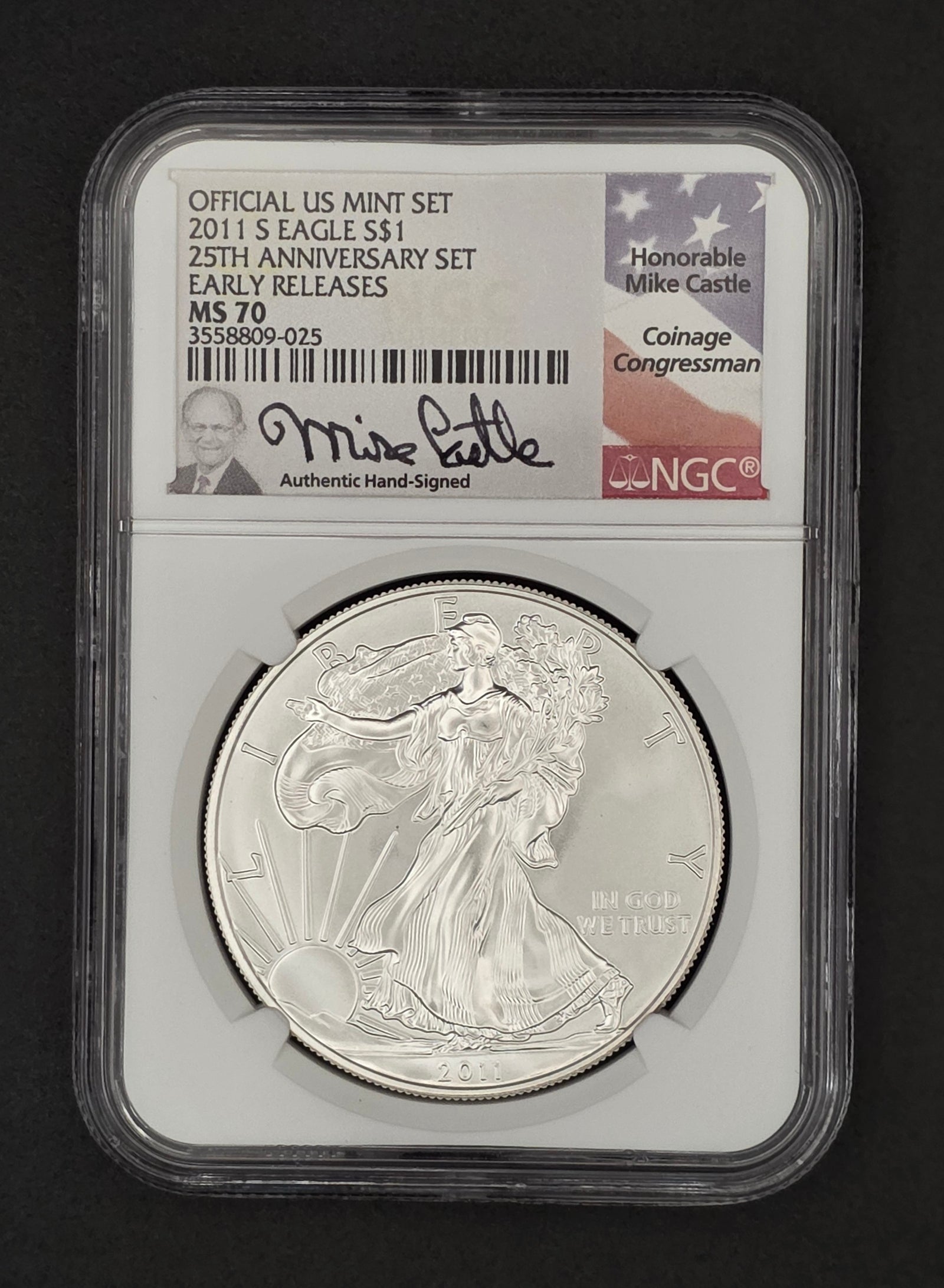2011 American Silver Eagle NGC MS70 w/ Mike Castle Signature - 1 oz .999 Fine Silver