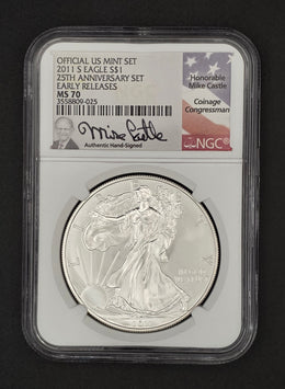 2011 American Silver Eagle NGC MS70 w/ Mike Castle Signature - 1 oz .999 Fine Silver