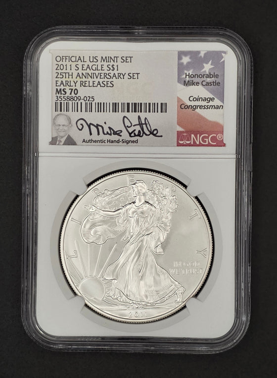 2011 American Silver Eagle NGC MS70 w/ Mike Castle Signature - 1 oz .999 Fine Silver