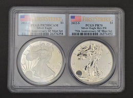 2012 American Silver Eagle 75th Anniversary San Francisco Mint Set — Proof & Reverse Proof PCGS PR70