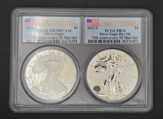 2012 American Silver Eagle 75th Anniversary San Francisco Mint Set — Proof & Reverse Proof PCGS PR70