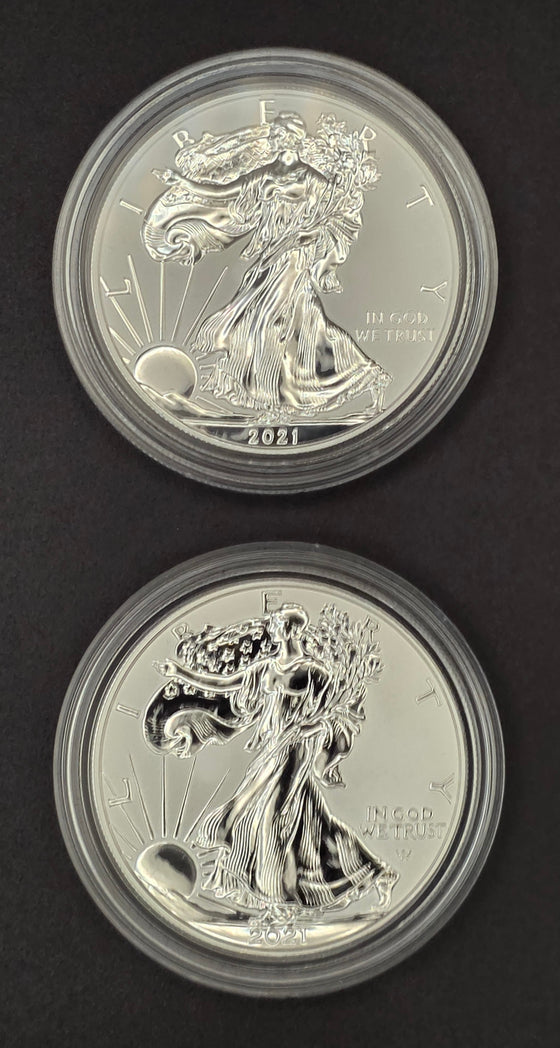 2021 American Silver Eagle Reverse Proof Set (Type 1 & Type 2 w/ OGP & COA) — 2 oz .999 Fine Silver